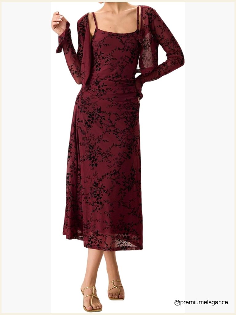 Bodycon Midi Dress Set With Sheer Cardigan For Wedding Guest